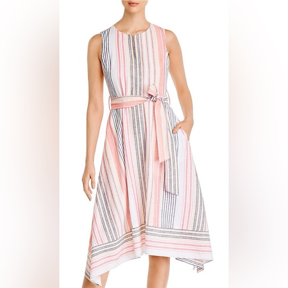 Karl Lagerfeld Paris Sleeveless Striped Asymmetric Handkerchief Midi Dress - Picture 4 of 12